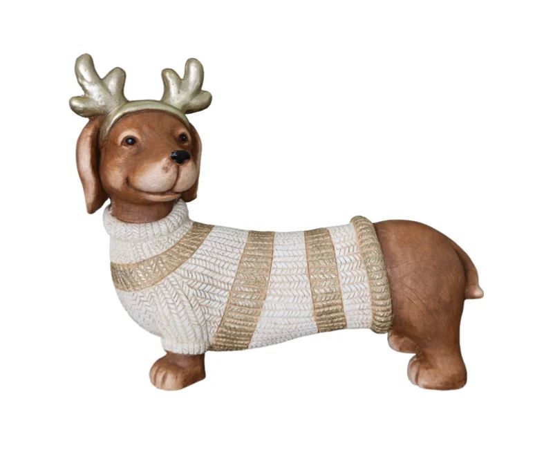Figurine teckel Noël magnésie pull tricoté blanc rayures dorées bois de renne dorés 42cm - Lilosquare