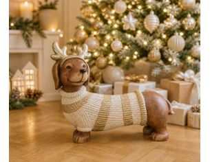 Figurine teckel Noël magnésie pull tricoté blanc rayures dorées bois de renne dorés 42cm - Lilosquare