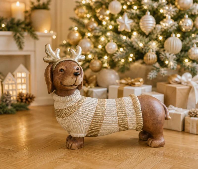 Figurine teckel Noël magnésie pull tricoté blanc rayures dorées bois de renne dorés 42cm - Lilosquare