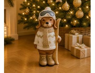 Figurine chien résine effet pierre mate pull jacquard blanc or écharpe bonnet lunettes ski skis bois H45cm - Lilosquare