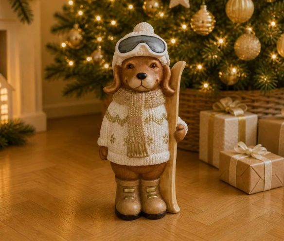 Figurine chien résine effet pierre mate pull jacquard blanc or écharpe bonnet lunettes ski skis bois H45cm - Lilosquare