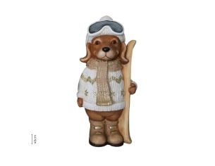 Figurine chien résine effet pierre mate pull jacquard blanc or écharpe bonnet lunettes ski skis bois H45cm - Lilosquare