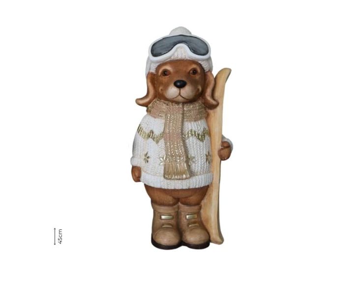 Figurine chien résine effet pierre mate pull jacquard blanc or écharpe bonnet lunettes ski skis bois H45cm - Lilosquare