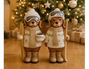 Figurine chien résine effet pierre mate pull jacquard blanc or écharpe bonnet lunettes ski skis bois H45cm - Lilosquare