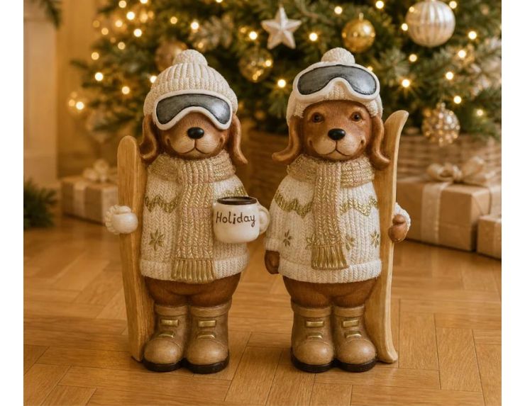 Figurine chien résine effet pierre mate pull jacquard blanc or écharpe bonnet lunettes ski skis bois H45cm - Lilosquare
