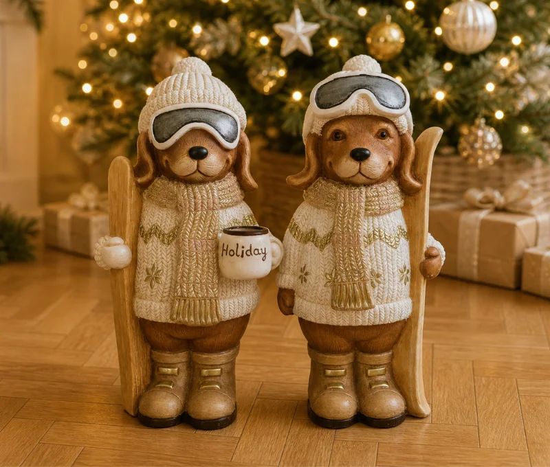 Figurine chien résine effet pierre mate pull jacquard blanc or écharpe bonnet lunettes ski skis bois H45cm - Lilosquare