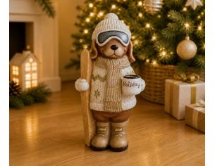 Figurine chien résine effet pierre mate pull jacquard blanc or mug Holiday skis bois bonnet lunettes ski H45cm - Lilosquare
