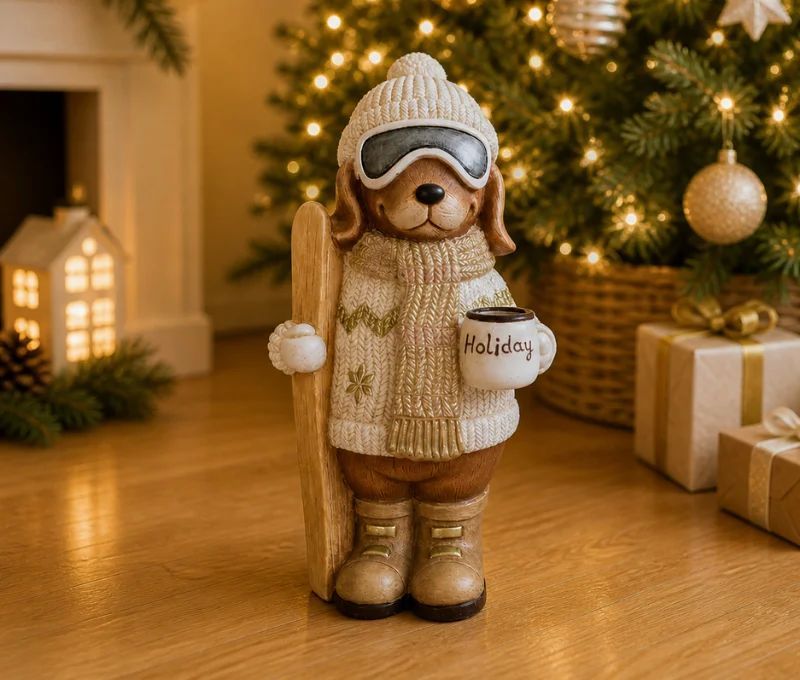 Figurine chien résine effet pierre mate pull jacquard blanc or mug Holiday skis bois bonnet lunettes ski H45cm - Lilosquare