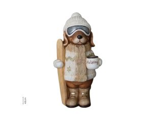 Figurine chien résine effet pierre mate pull jacquard blanc or mug Holiday skis bois bonnet lunettes ski H45cm - Lilosquare