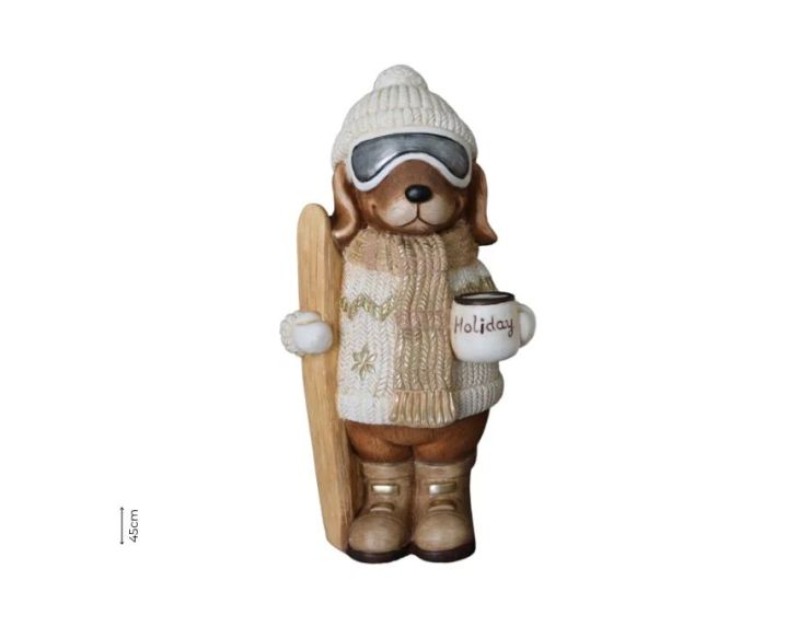 Figurine chien résine effet pierre mate pull jacquard blanc or mug Holiday skis bois bonnet lunettes ski H45cm - Lilosquare