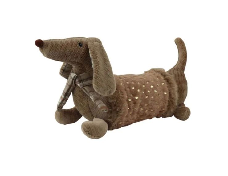 Cale-porte teckel peluche caramel tissu tricoté écossais écharpe carreaux cœurs dorés 42cm - Lilosquare