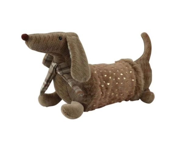 Cale-porte teckel peluche caramel tissu tricoté écossais écharpe carreaux cœurs dorés 42cm - Lilosquare