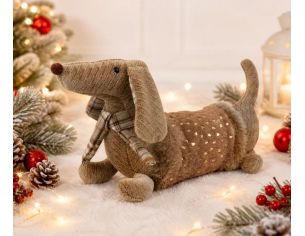Cale-porte teckel peluche caramel tissu tricoté écossais écharpe carreaux cœurs dorés 42cm - Lilosquare