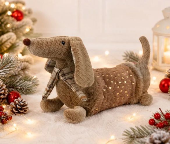 Cale-porte teckel peluche caramel tissu tricoté écossais écharpe carreaux cœurs dorés 42cm - Lilosquare