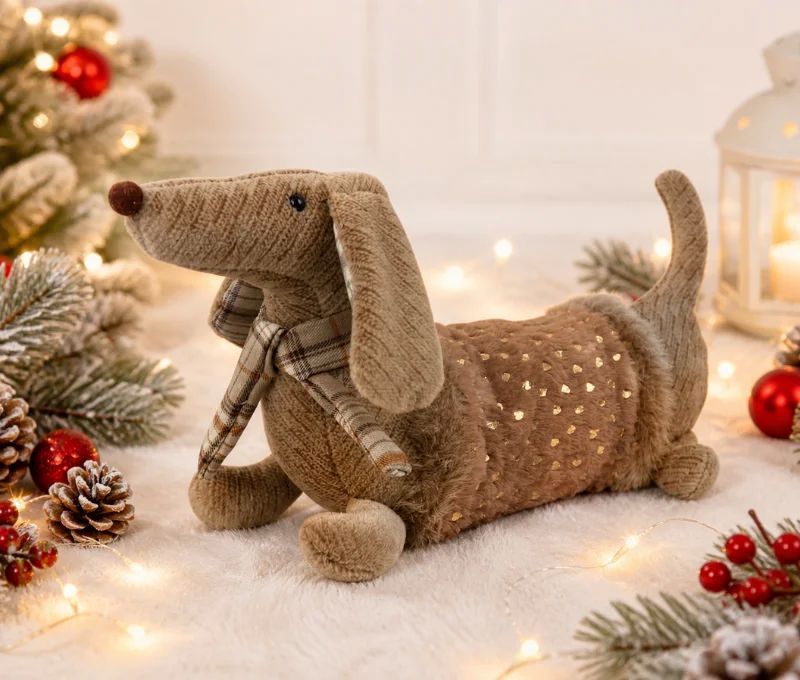 Cale-porte teckel peluche caramel tissu tricoté écossais écharpe carreaux cœurs dorés 42cm - Lilosquare