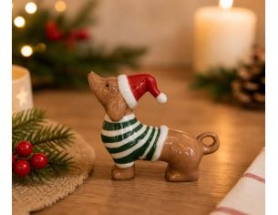 Figurine teckel porcelaine brillante caramel bonnet lutin vert pull rouge rayé blanc 9cm - Lilosquare
