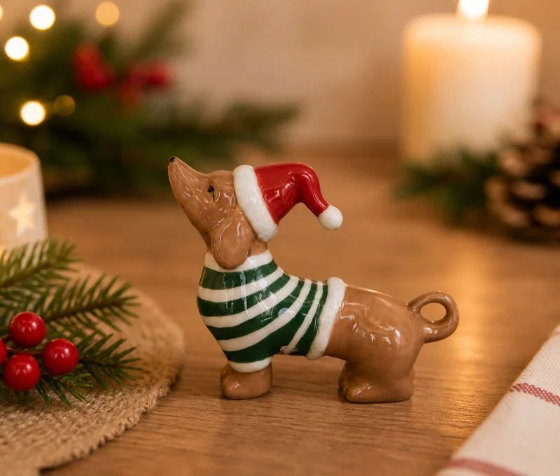 Figurine teckel porcelaine brillante caramel bonnet lutin vert pull rouge rayé blanc 9cm - Lilosquare