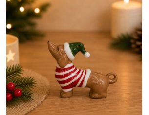 Figurine teckel porcelaine brillante caramel bonnet lutin vert pull rouge rayé blanc 9cm - Lilosquare