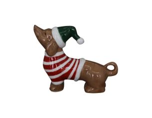 Figurine teckel porcelaine brillante caramel bonnet lutin vert pull rouge rayé blanc 9cm - Lilosquare