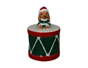Boîte porcelaine Noël tambour vert rouge blanc teckel bonnet Père Noël rouge couvercle H13cm - Lilosquare