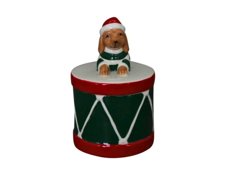 Boîte porcelaine Noël tambour vert rouge blanc teckel bonnet Père Noël rouge couvercle H13cm - Lilosquare