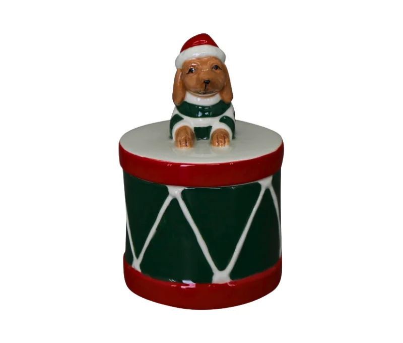 Boîte porcelaine Noël tambour vert rouge blanc teckel bonnet Père Noël rouge couvercle H13cm - Lilosquare