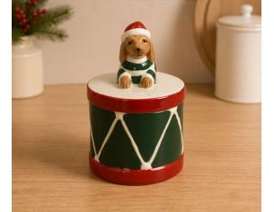 Boîte porcelaine Noël tambour vert rouge blanc teckel bonnet Père Noël rouge couvercle H13cm - Lilosquare