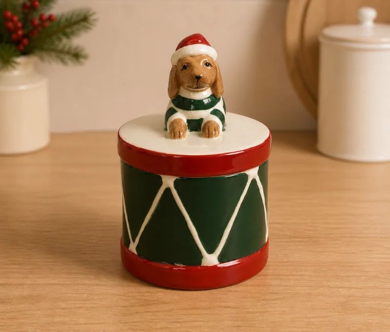 Boîte porcelaine Noël tambour vert rouge blanc teckel bonnet Père Noël rouge couvercle H13cm - Lilosquare