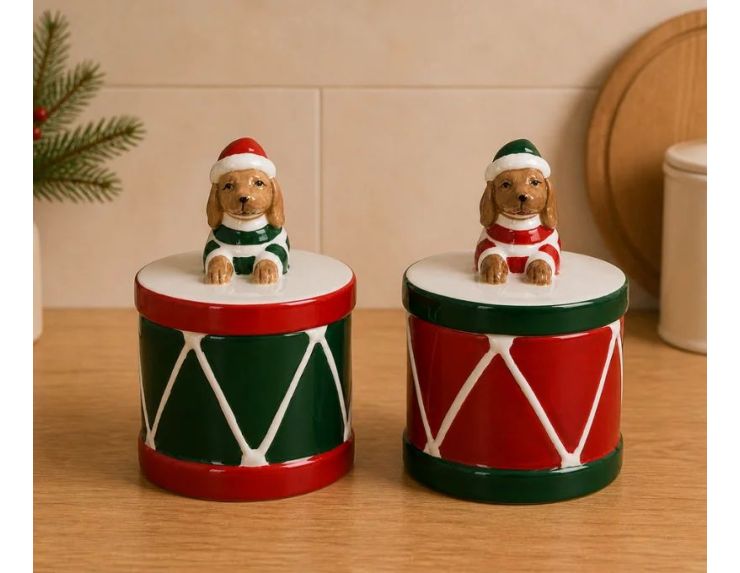 Boîte porcelaine Noël tambour rouge vert blanc teckel bonnet lutin vert couvercle H13cm - Lilosquare