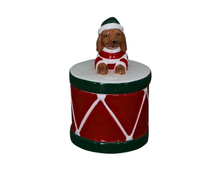 Boîte porcelaine Noël tambour rouge vert blanc teckel bonnet lutin vert couvercle H13cm - Lilosquare
