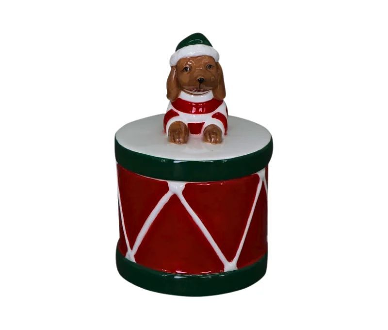 Boîte porcelaine Noël tambour rouge vert blanc teckel bonnet lutin vert couvercle H13cm - Lilosquare