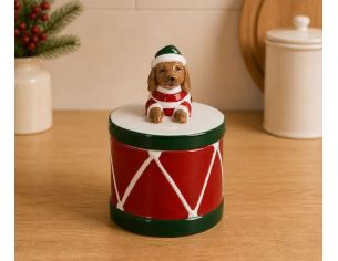 Boîte porcelaine Noël tambour rouge vert blanc teckel bonnet lutin vert couvercle H13cm - Lilosquare