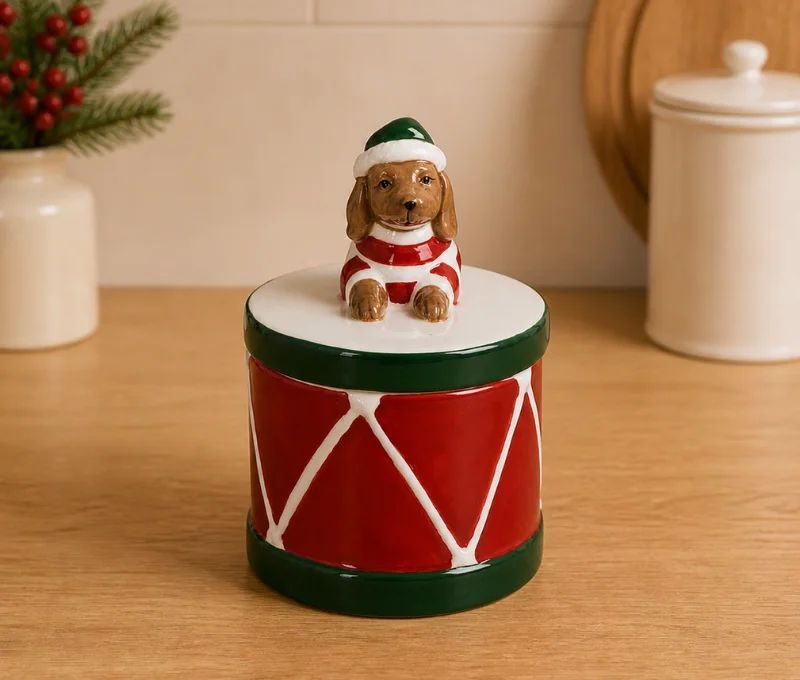 Boîte porcelaine Noël tambour rouge vert blanc teckel bonnet lutin vert couvercle H13cm - Lilosquare