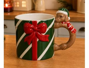 Mug Noël porcelaine vert rayé blanc paquet cadeau nœud rouge anse teckel bonnet lutin vert 320ml - Lilosquare