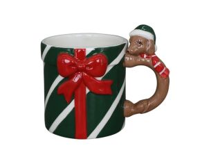 Mug Noël porcelaine vert rayé blanc paquet cadeau nœud rouge anse teckel bonnet lutin vert 320ml - Lilosquare