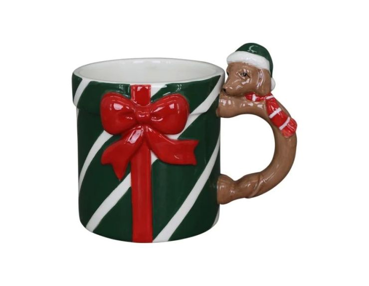 Mug Noël porcelaine vert rayé blanc paquet cadeau nœud rouge anse teckel bonnet lutin vert 320ml - Lilosquare