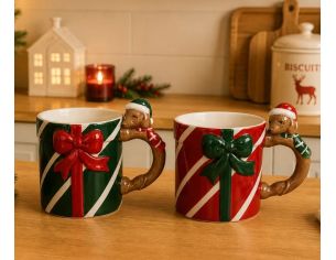Mug Noël porcelaine rouge rayé blanc paquet cadeau nœud vert anse teckel bonnet Père Noël rouge 320ml - Lilosquare