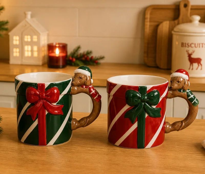 Mug Noël porcelaine rouge rayé blanc paquet cadeau nœud vert anse teckel bonnet Père Noël rouge 320ml - Lilosquare