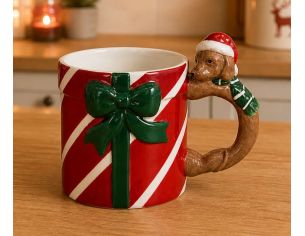 Mug Noël porcelaine rouge rayé blanc paquet cadeau nœud vert anse teckel bonnet Père Noël rouge 320ml - Lilosquare