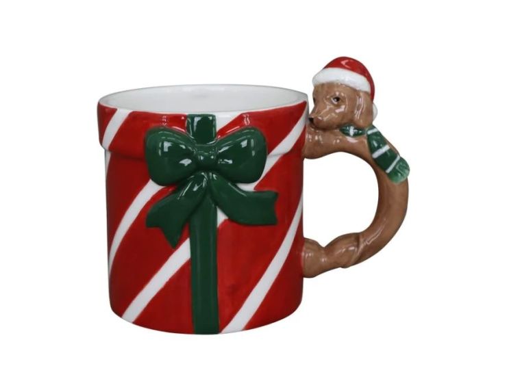 Mug Noël porcelaine rouge rayé blanc paquet cadeau nœud vert anse teckel bonnet Père Noël rouge 320ml - Lilosquare