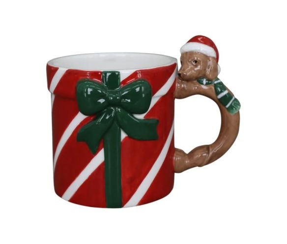 Mug Noël porcelaine rouge rayé blanc paquet cadeau nœud vert anse teckel bonnet Père Noël rouge 320ml - Lilosquare