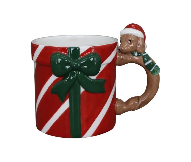 Mug Noël porcelaine rouge rayé blanc paquet cadeau nœud vert anse teckel bonnet Père Noël rouge 320ml - Lilosquare