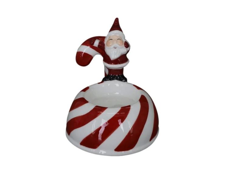 Bougeoir de Noël porcelaine Père Noël rouge sucre d'orge rouge blanc base rayée bougie chauffe-plat H9cm - Lilosquare