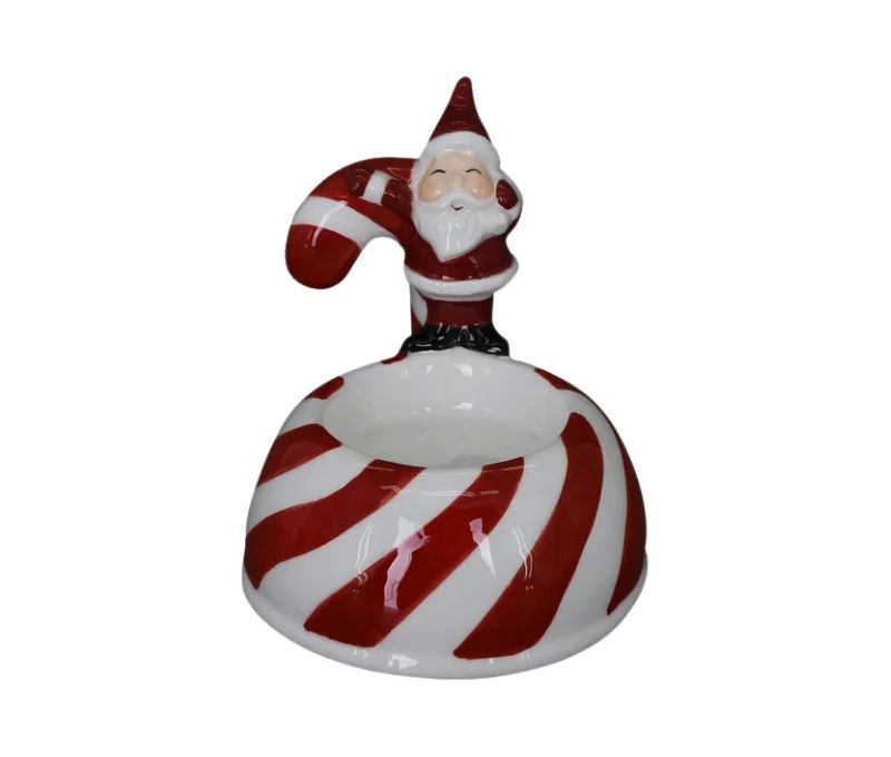 Bougeoir de Noël porcelaine Père Noël rouge sucre d'orge rouge blanc base rayée bougie chauffe-plat H9cm - Lilosquare