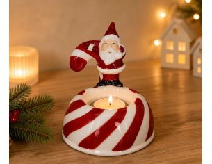 Bougeoir de Noël porcelaine Père Noël rouge sucre d'orge rouge blanc base rayée bougie chauffe-plat H9cm - Lilosquare