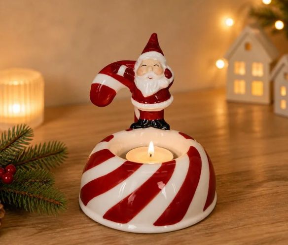 Bougeoir de Noël porcelaine Père Noël rouge sucre d'orge rouge blanc base rayée bougie chauffe-plat H9cm - Lilosquare