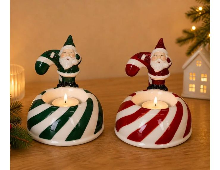 Bougeoir photophore Noël porcelaine Père Noël vert sucre d'orge vert blanc base rayée bougie chauffe-plat H9cm - Lilosquare