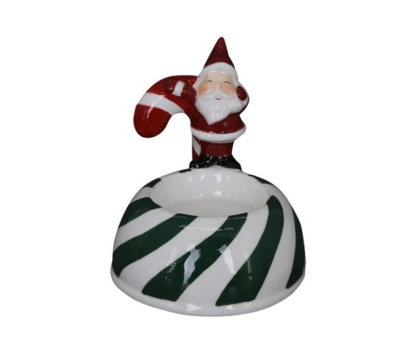 Bougeoir photophore Noël porcelaine Père Noël vert sucre d'orge vert blanc base rayée bougie chauffe-plat H9cm - Lilosquare