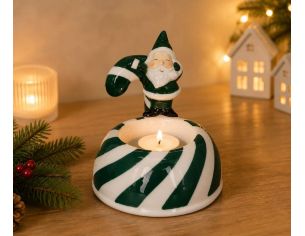 Bougeoir photophore Noël porcelaine Père Noël vert sucre d'orge vert blanc base rayée bougie chauffe-plat H9cm - Lilosquare