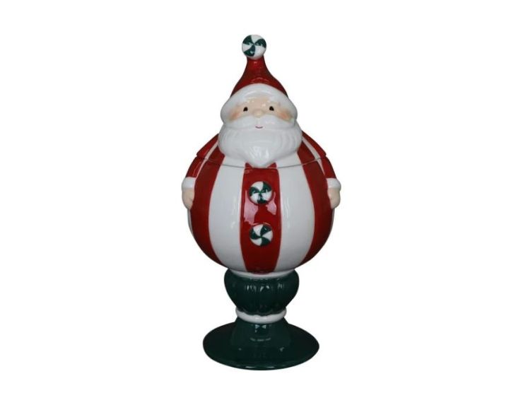 Bonbonnière porcelaine brillante Père Noël rouge rayé blanc bonbons sucre orge couvercle socle vert H27cm - Lilosquare
